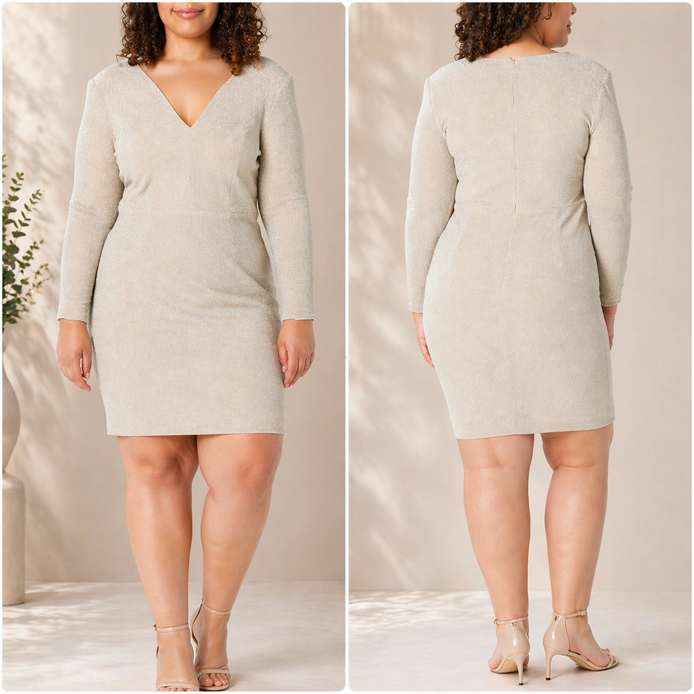 Dress the Population Riley Long Sleeve Plunging Short Gold Dress Size 3X